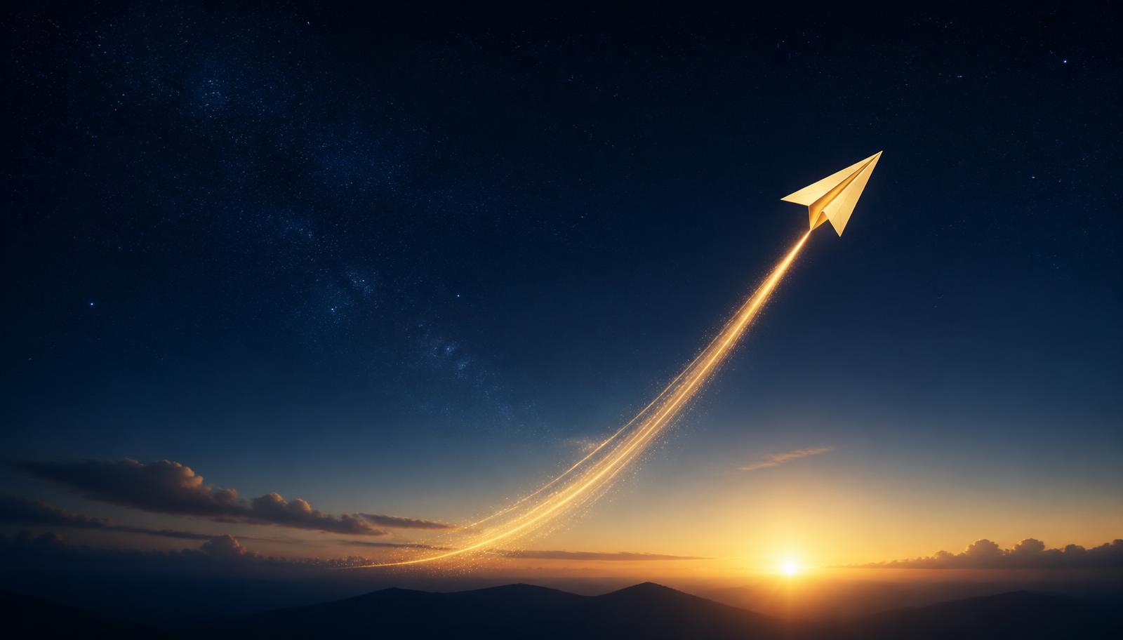 Céu noturno com um avião de papel dourado decolando